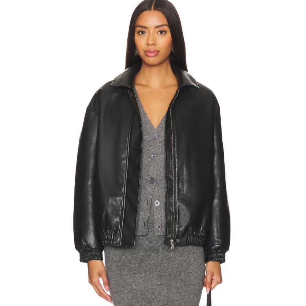 Enza Costa Vegan Leather Bomber Coat Jacket Black Elastic Waist Minimalist Sz 0 - Picture 1 of 10